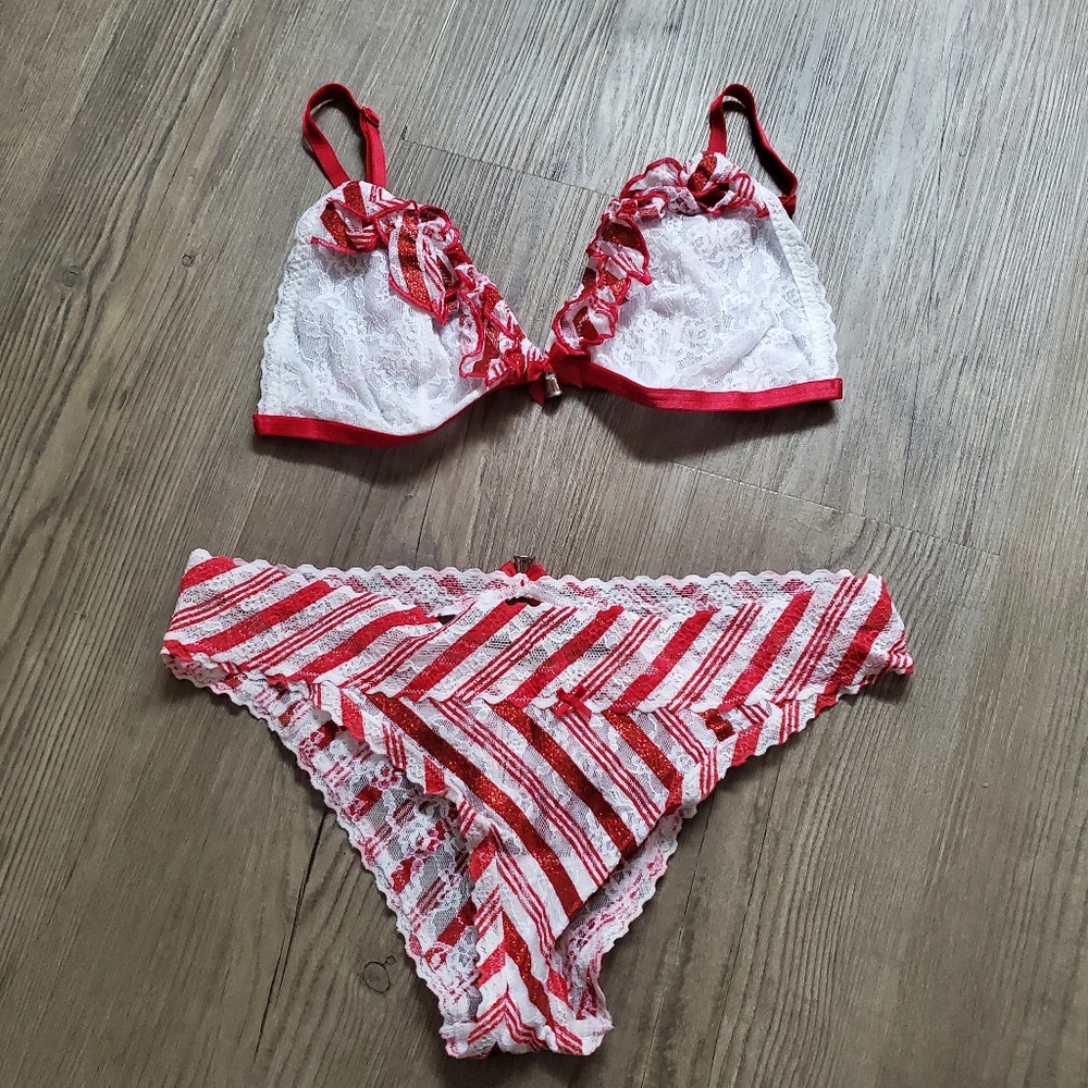 Victoria's Secret Red and White Holiday Candy Cane Lace Lingerie Set